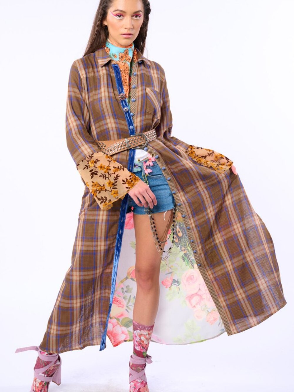 NWT Aratta Brown Plaid Maxi Duster with Peacock and Floral Design Sz XS